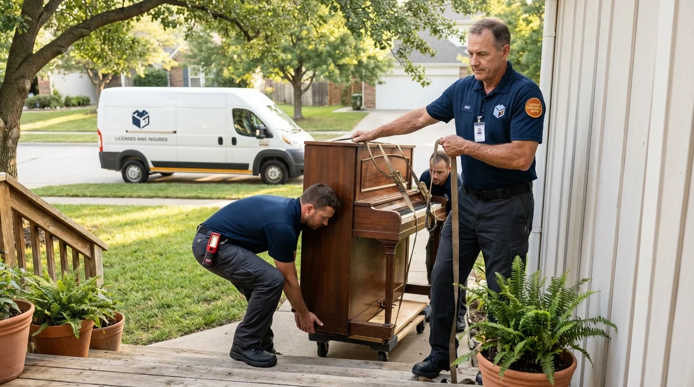 Licensed piano movers securing grand piano in Fleetwood, PA
