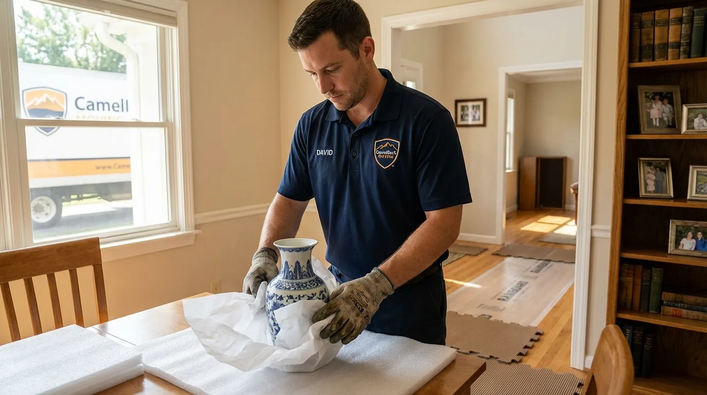 Professional crew carefully wrapping antique vase for senior downsizing move in Fleetwood, PA